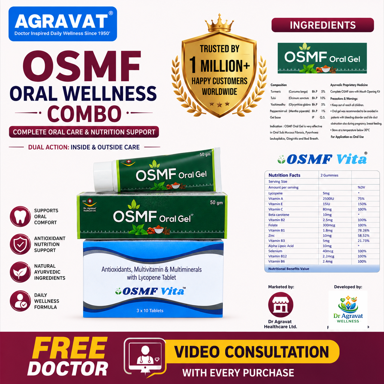 OSMF Oral Gel + Vita Tablets Combo Pack | AGRAVAT® OSMF Advanced Oral Care Combo Pack | High Potency Anti-Inflammatory Oral Gel 50g + Lycopene Multivitamin & Multiminerals Tablets 30 Count | Oral Care & Nutrition Support for Mouth Ulcers, Burning Sensation - Image 3
