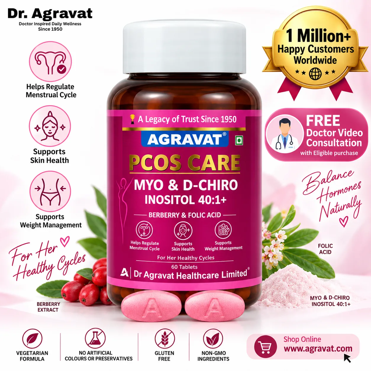PCOS Care Tablets Myo & D-Chiro Inositol 40 1, Berberry & Folic Acid Dr. Agravat Ahmedabad Gujarat, India