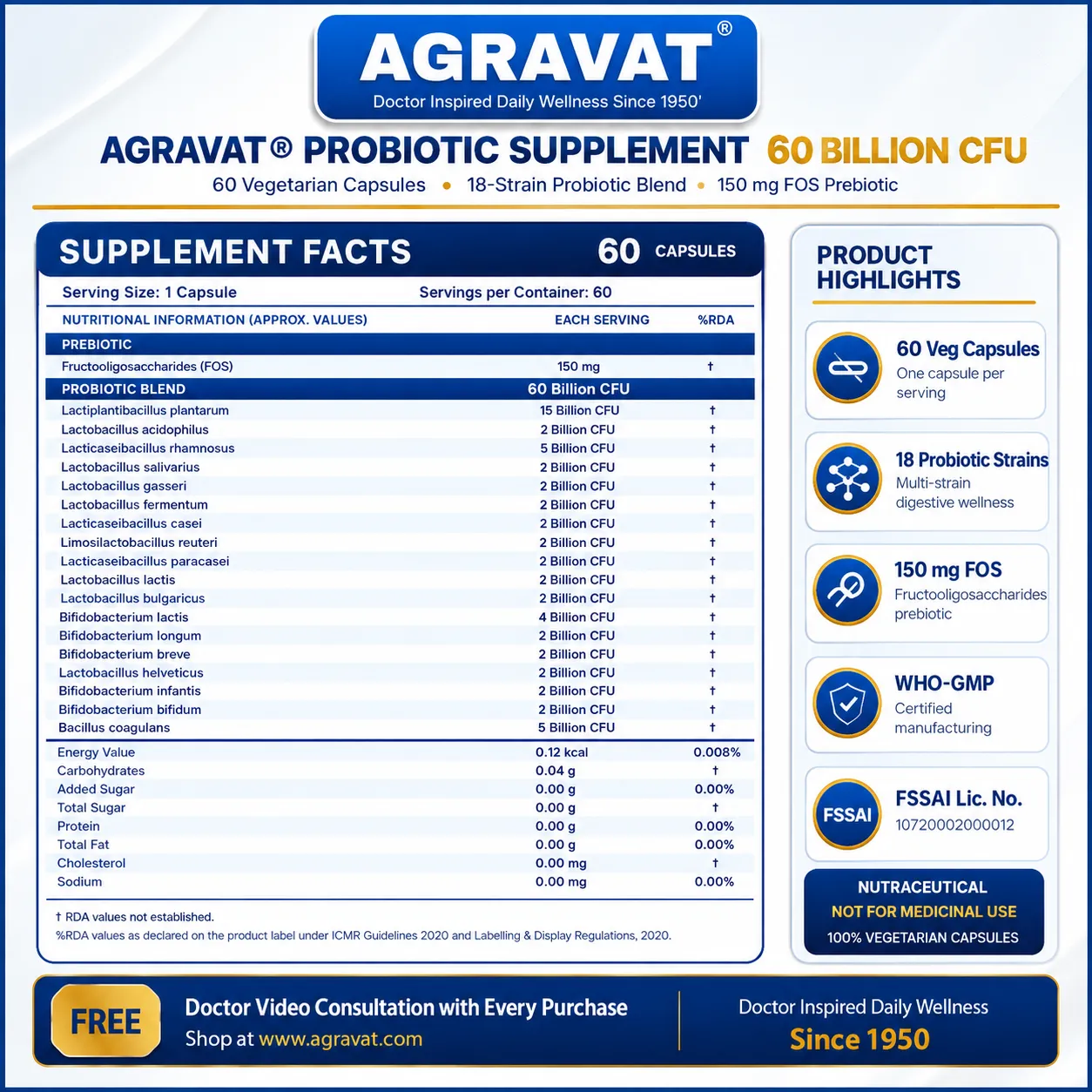 Dr.Agravat Probiotic Supplement 60 Billion CFU – Multi Strain Max Strength Pre & Probiotics with Fructooligosaccharides (FOS) for Digestive Wellness, Immune Support & Bloating Relief (60 Veg Capsules) - Image 4