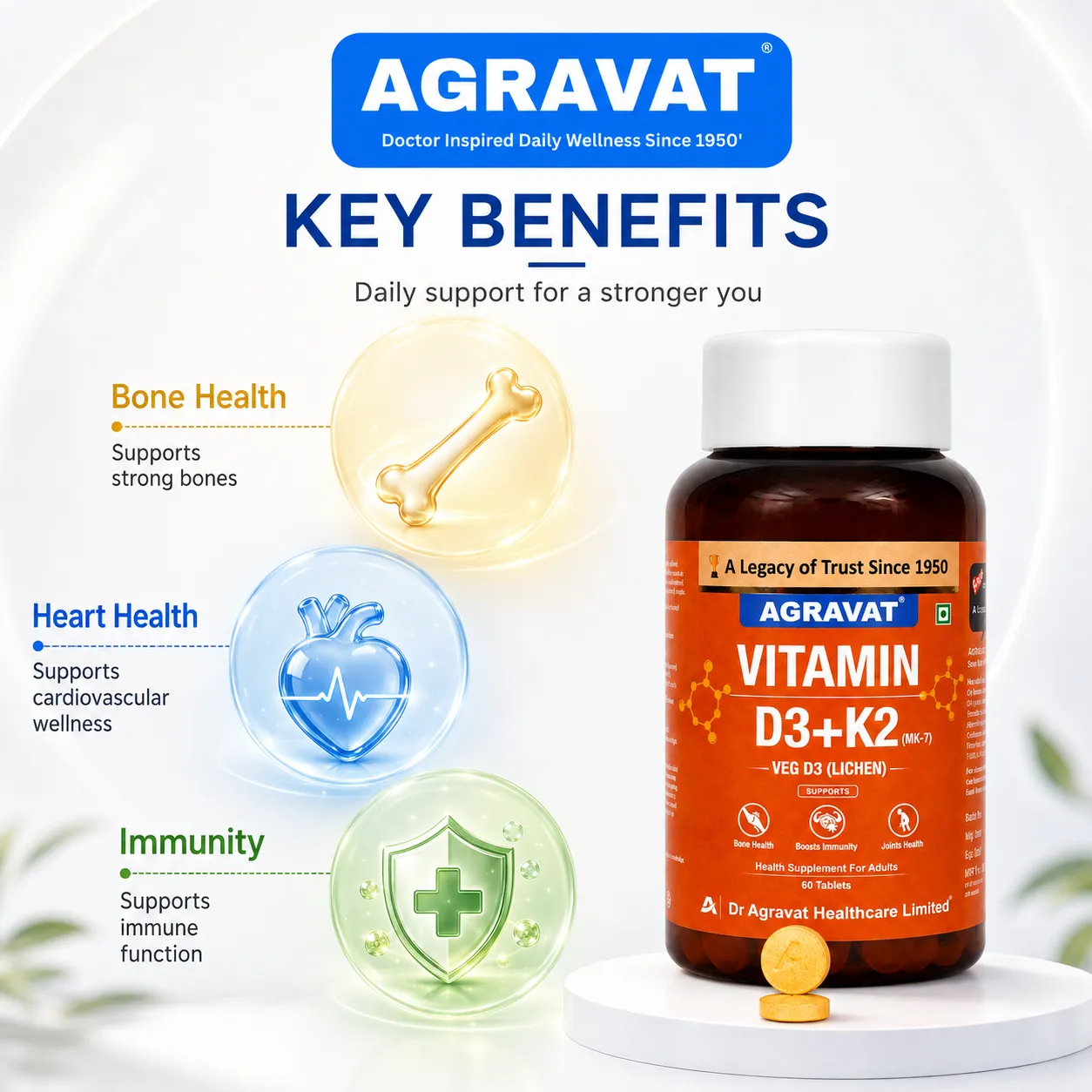 2 Key Benefits Plant-Based Vitamin D3 (Lichen) & K2 (MK7) Supplement - 60 Veg Tablets AGRAVAT