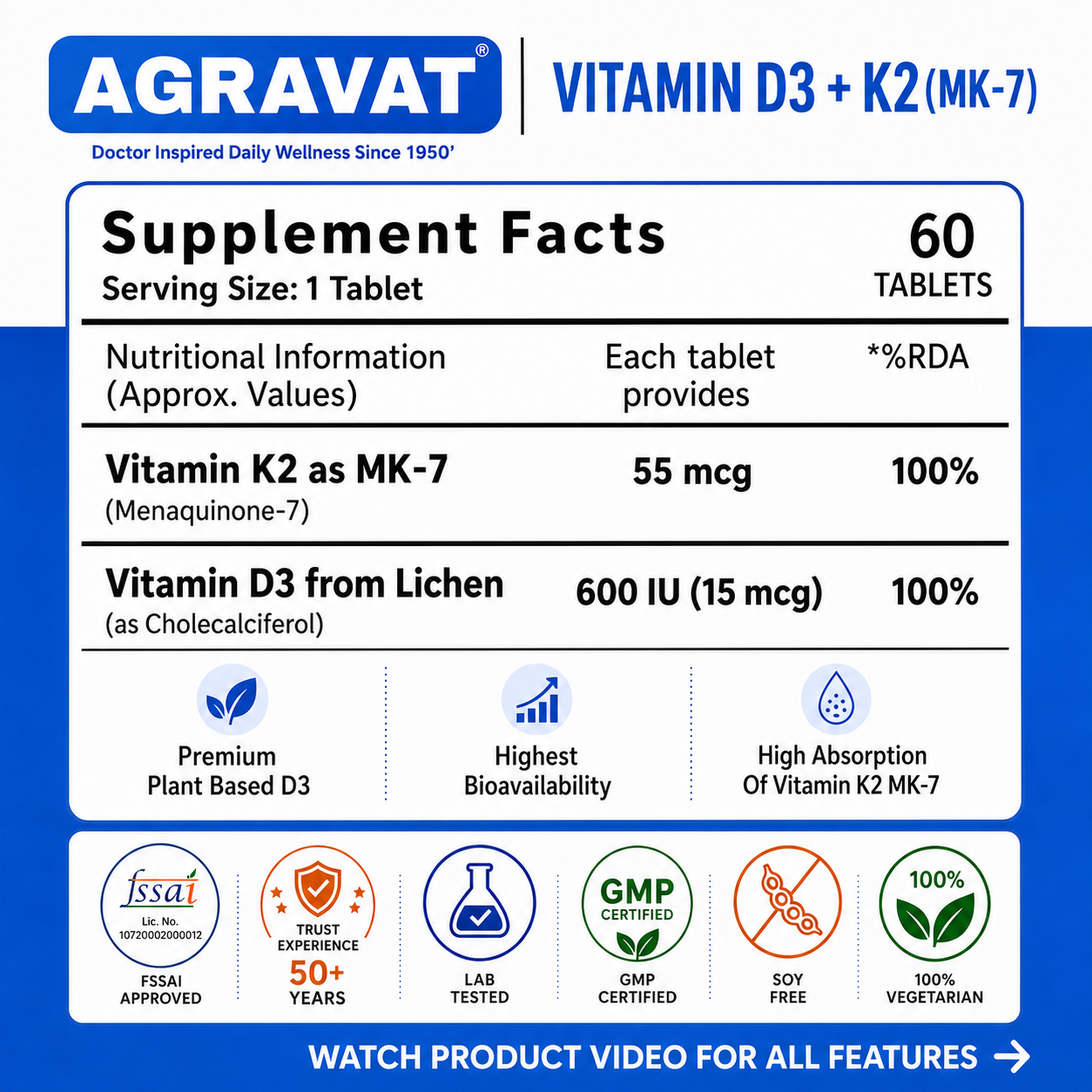 4 Supplement Facts & Dosage 6 Comparison Chart AGRAVAT® Plant-Based Vitamin D3 (Veg Lichen) & K2 (MK7) Supplement | 60 Veg Tablets