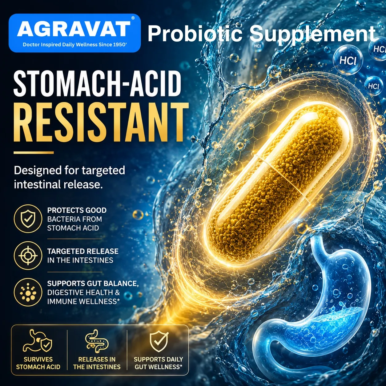 8 Stomach-Acid Resistant Gut Health AGRAVAT Probiotic Supplemnt