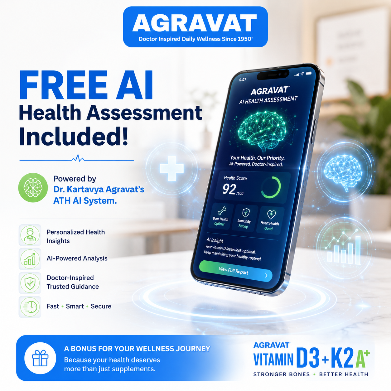 8 The ATH AI Consultation Bonus AGRAVAT® Plant-Based Vitamin D3 (Veg Lichen) & K2 (MK7) Supplement | 60 Veg Tablets