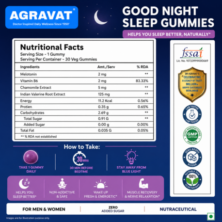 Nutritional Facts AGRAVAT® Melatonin Good Night Sleep Gummies sugar Free, Chamomile Extract, VITAMIN B6