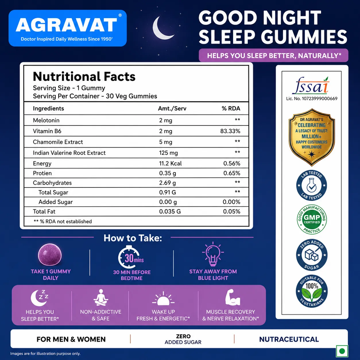 Nutritional Facts AGRAVAT® Melatonin Good Night Sleep Gummies sugar Free, Chamomile Extract, VITAMIN B6