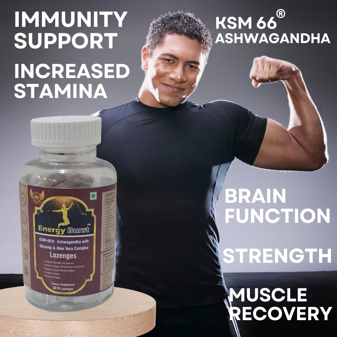 Energy Burst- KSM-66 Ashwagandha with Ginseng & Aloe Vera | General Wellness | Stress Relief | Rejuvenates Mind & Body | Boosts Energy & Immunity | Lab tested | 30 lozenges