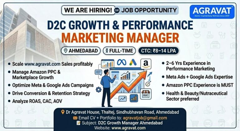 D2C Growth Manager Ahmedabad, Performance Marketing Manager Jobs, Amazon PPC Specialist Ahmedabad, Growth Marketing Manager Health and Beauty