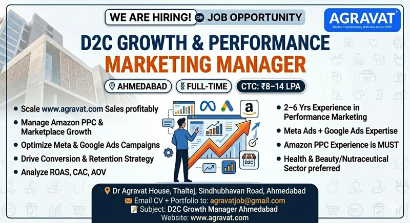 D2C Growth Manager Ahmedabad, Performance Marketing Manager Jobs, Amazon PPC Specialist Ahmedabad, Growth Marketing Manager Health and Beauty