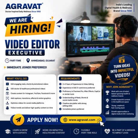 Video Editor Job in Ahmedabad, Hiring Video Editor, Part Time Video Editor Ahmedabad, AGRAVAT Hiring