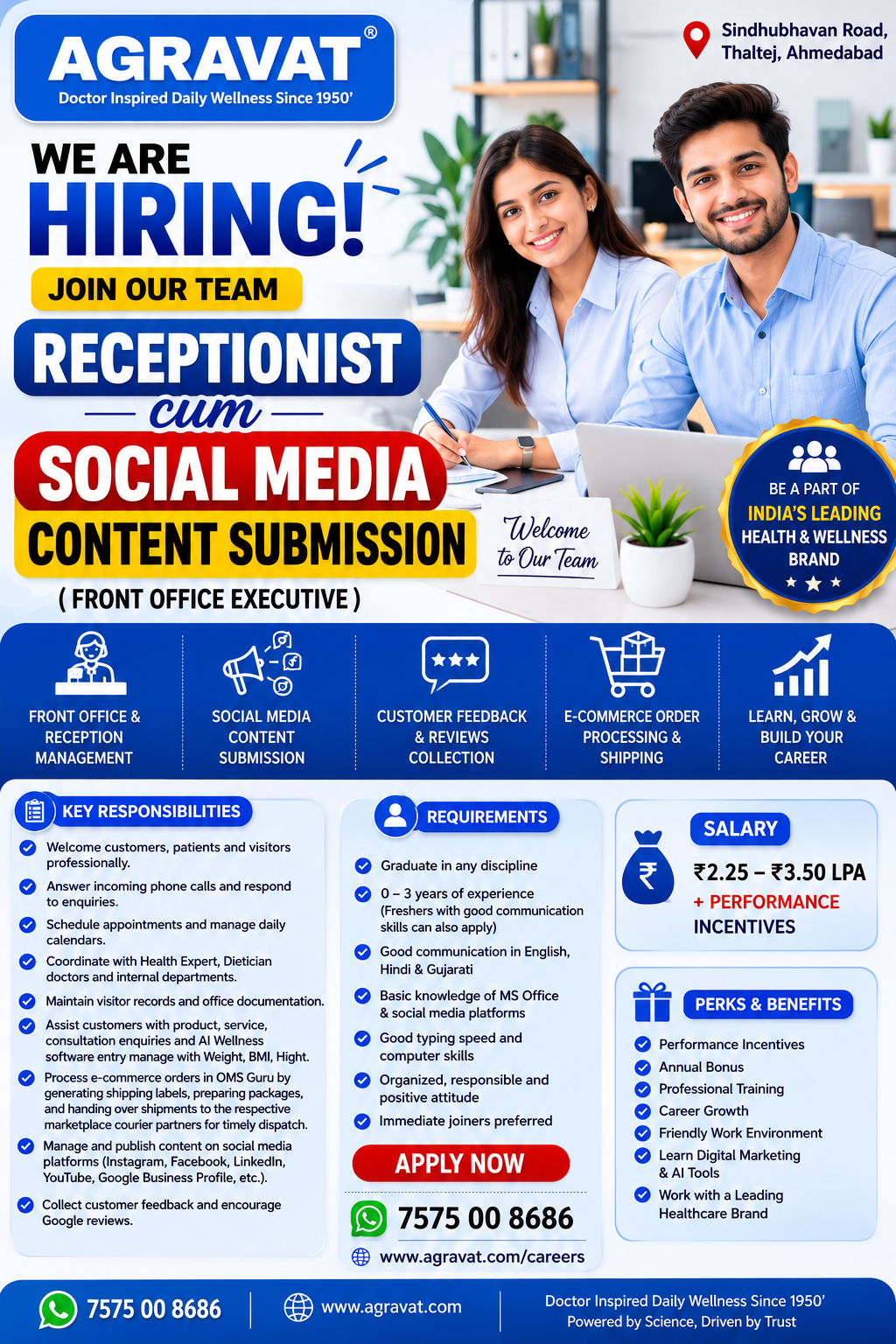 Hiring Receptionist cum Social Media Content Publishing Job AGRAVAT