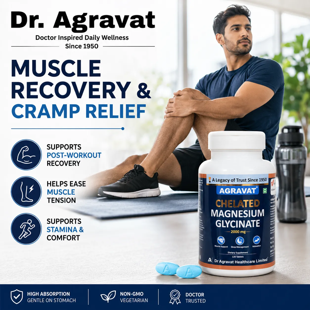 7 Muscle Recovery & Cramp Relief Dr. Agravat Chelated Magnesium Glycinate 2000mg Ahmedabad, Gujarat, India